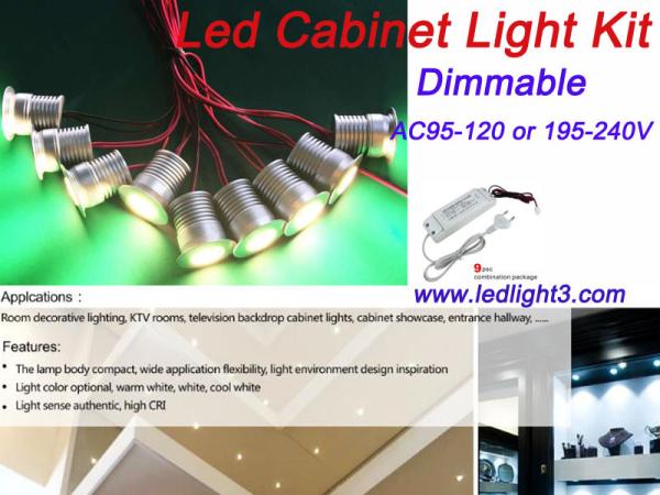 9PCS*3W Mini Led Cabinet Light +Driver Kit Dimmable Recessed Downlight home