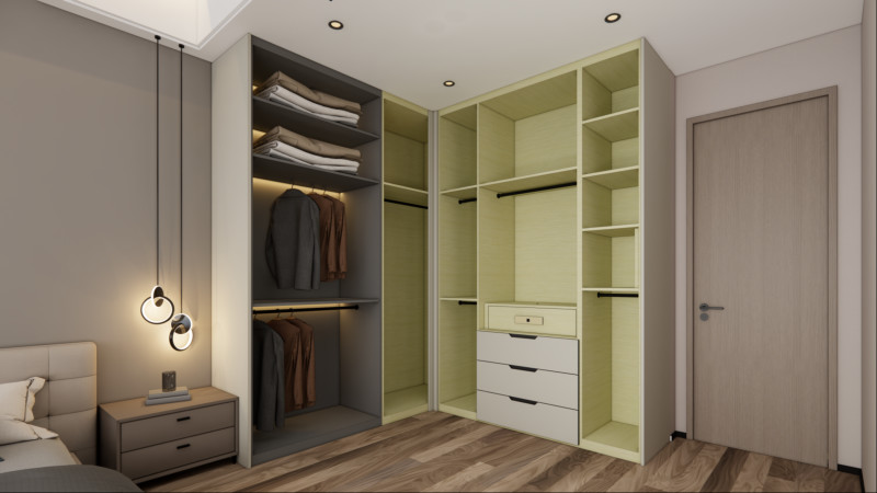 Modern Color Contrast Bedroom Corner Wardrobe With Functional Zoning