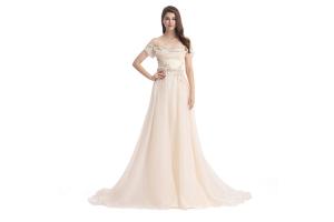 China Beige Off The Shoulder Beaded Wedding Bridesmaid Dresses Dry Cleaning factory