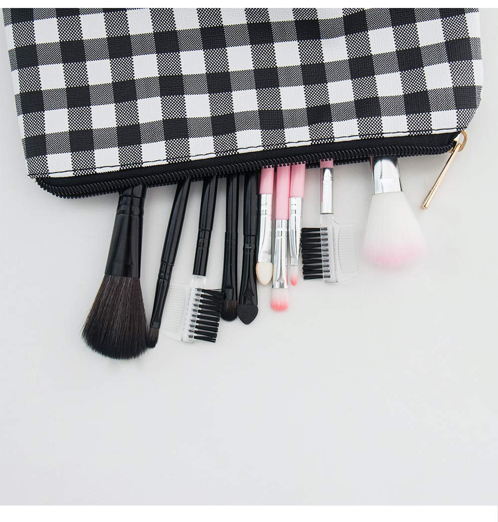 3pcs Black White Plaid Polyester Waterproof Makeup Bag