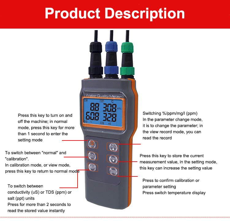 Combo 5 in 1 PH/COND./D.O/TEMP Water Meter For Aquaponic AZ86031 Portable Fish Pond IP67