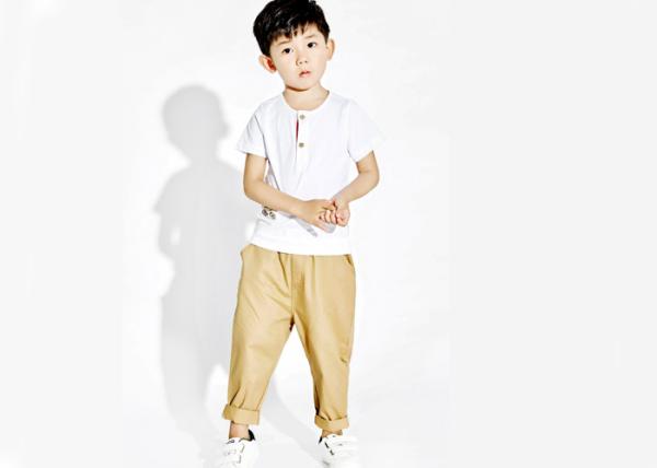 Toddler Boy Summer Clothes , White And Khaki Boys Shirt And Pant Woven Cotton