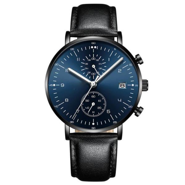 Chronograph Function Alloy Men Quartz Wristwatch Black Genuine Leather Strap