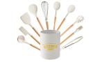 11 Pieces heat resistant Silicone Kitchen Utensil Sets With Holder,Wooden Handle