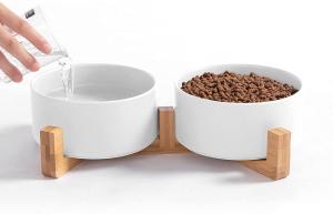 China Raised Slow Feeder Dog Bowl With Non-Slip Wood Stand Medium Sized factory