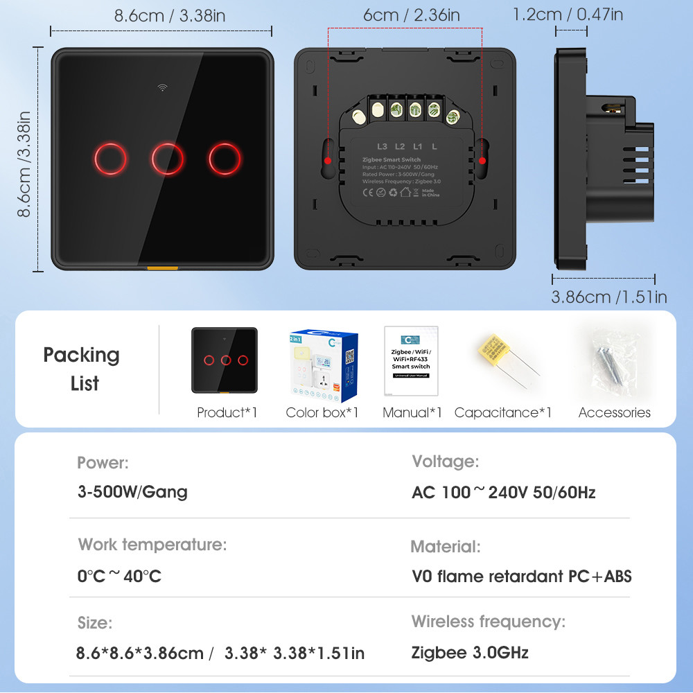 Tuya Zigbee switch No Neutral Wire100-250v Voice App Alexa Google Home No Capacitor Required Smart Home Light Touch EU Switch