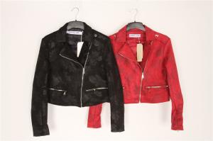 China Black Red Cropped Ladies Suede Bomber Jacket With Jacquard Weave factory