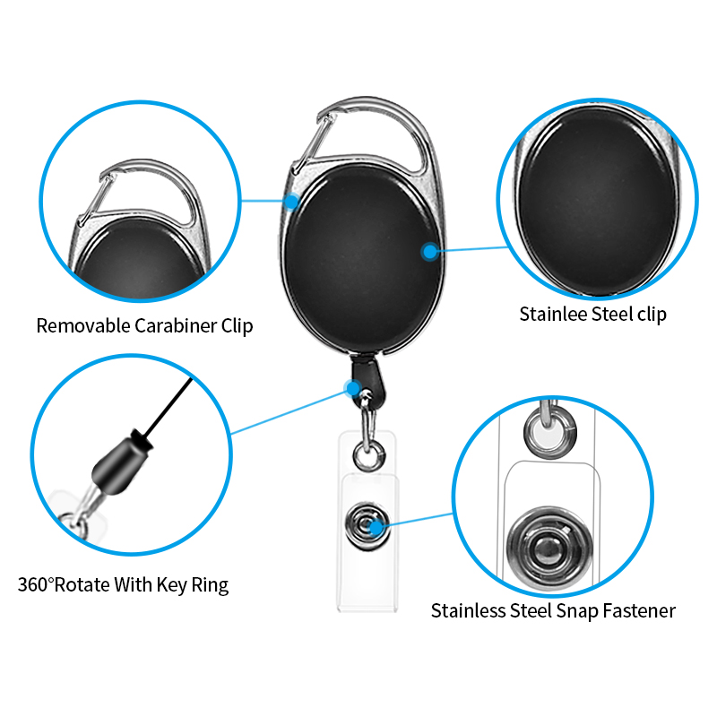 Deyi Badge Reel For Office Carabiner Reel Clip Key Ring for ID Card Key Keychain Holders Black