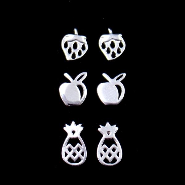 No Stone Plain Silver Earrings 3 In 1 Set Strawberry Apple Pineapple Fruit