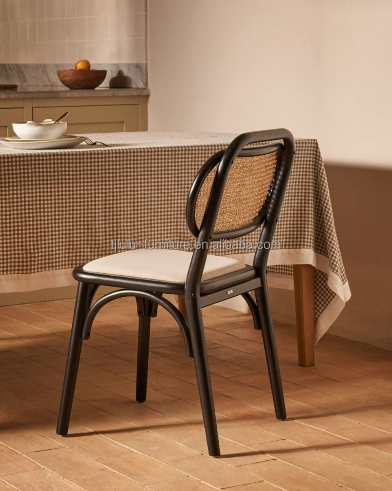 Vintage Style Dining Chair in Natural Wood with Fabric Seat and Real Rattan Backrest W47*D51*H82.5CM