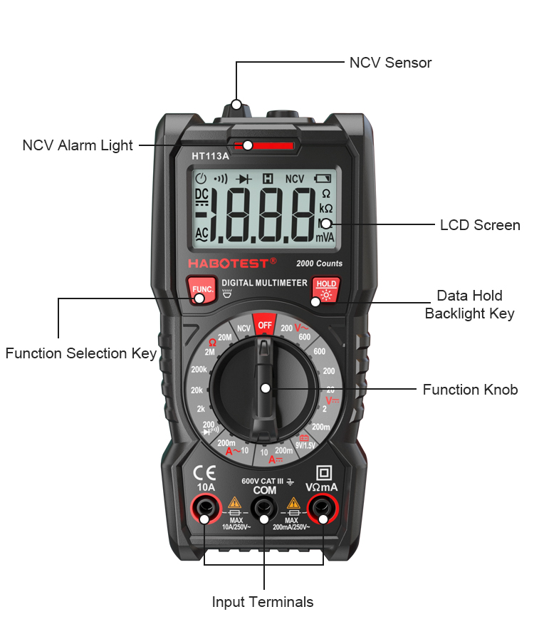Pocket Size Auto Electrical Digital Multimeter , AC DC 600V NCV 4000 Count Multimeter