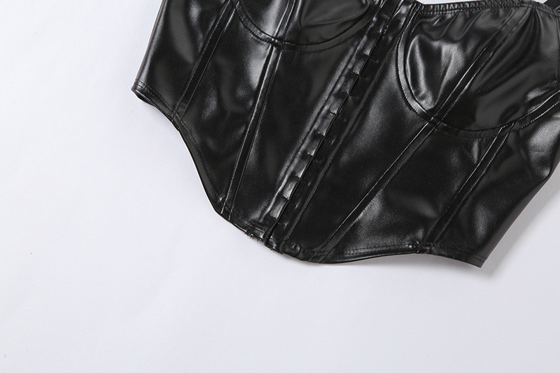 PU Low Cut Short Cropped Cami Tank Top Front Buckle Design
