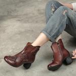 S319 Leather Stitching Women'S Mid-Tube High-Heeled Boots, Retro Ethnic Art