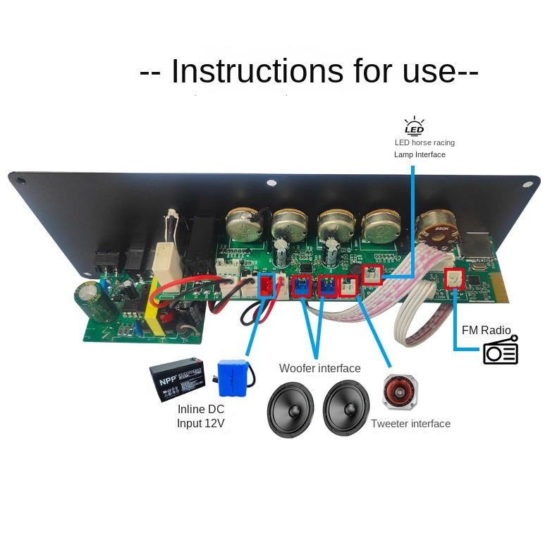 Rechargeable Trolley Stereo Car Subwoofer Audio Power Amplifier PCB Board 2.0 Channel 12V with Private Mold Design
