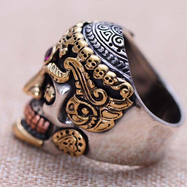 Men Jewelry Golden 925 Silver Two Tone Skull Retro Ring (048115)