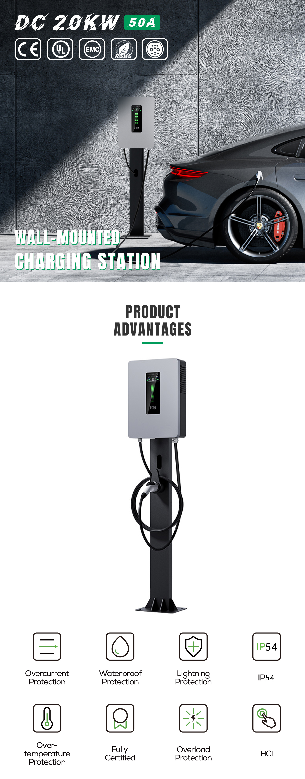 Overcurrent Protection E-Mingze 2024 Model 20kw GBT DC Fast 50A Wall Mounted EV Charger for Residential Charging Station