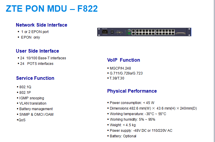24 ports 4GE Voice ZTE ZXA10 F822 mdu with 1/2 x GPON SC/PC optical port ONT ONU