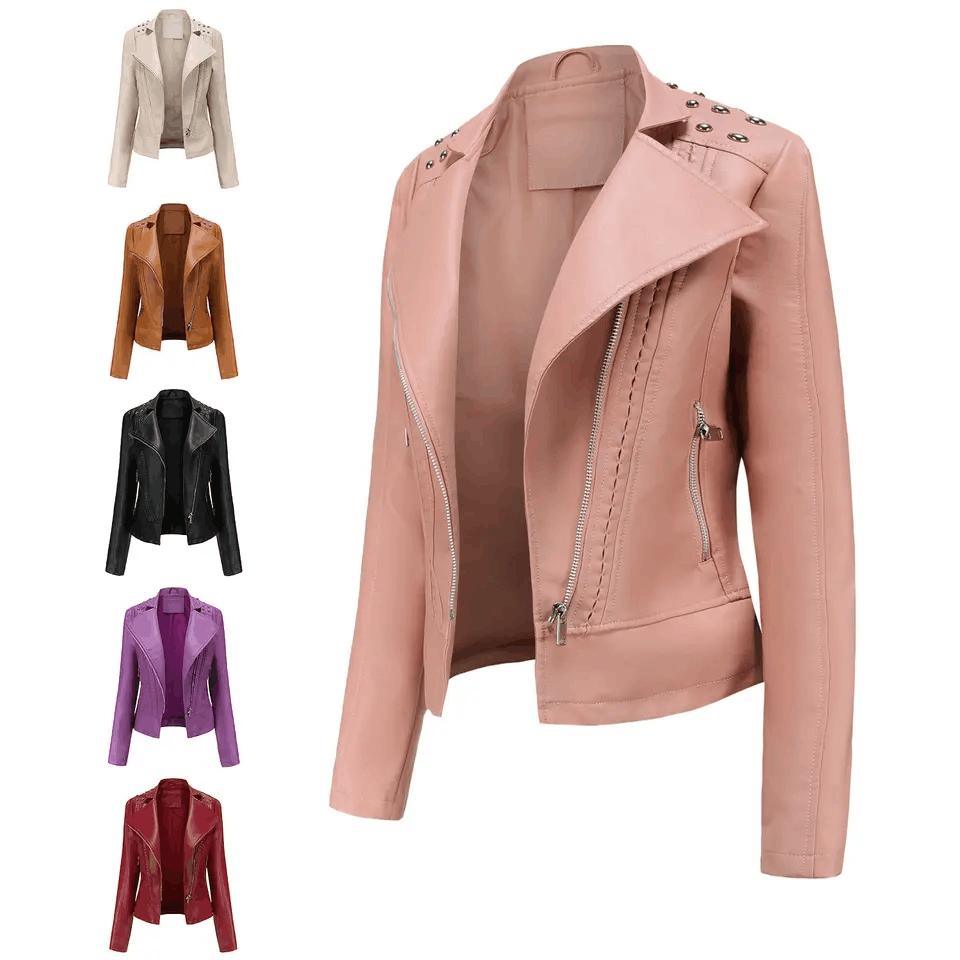 Women&prime;s Rivet Faux Leather PU Jacket, Studded Rivet Punk Biker Moto Fashion Jacket Coat with Long Sleeve