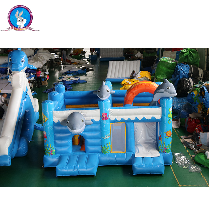 Custom Ocean Theme Inflatable Bounce House Slide Combo with Dolphin Decorations Bounce Area Slide Lane Mesh Walls for Outdoor Party Rental Projects