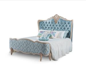 China Antique Soild Ash Wood Luxury Carved Upholstered Fabric Royal King Size Bed factory