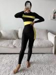 Yellow Stitching Muslim Swimsuit For Ladies Conservative Modest Islamic Swimwear
