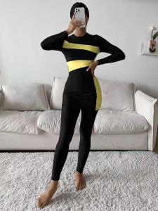 China Yellow Stitching Muslim Swimsuit For Ladies Conservative Modest Islamic Swimwear Beach factory