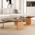 Exquisite Round Glass Combination Coffee Table With Wooden Leg
