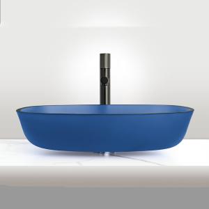 China Winter Melon Shaped Countertop Wash Basin In Matt Blue Tempered Glass factory