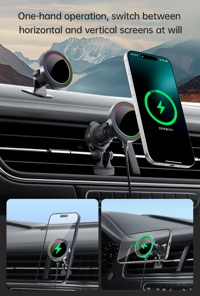 Aluminium Alloy Texture 15w Wireless Charger For Car Phone Holder With Hidden Light Off Function