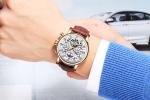 Brand KINYUED watch diamond decoration dial skeleton mens leather automatic
