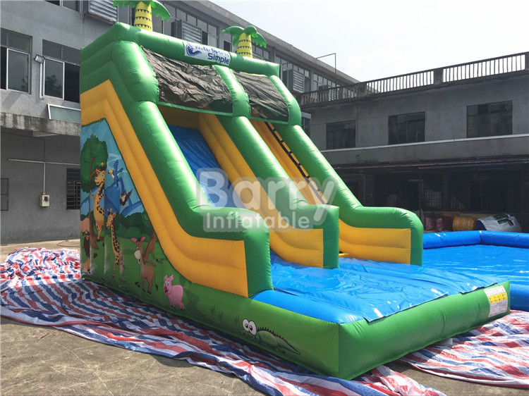Single Lane Green Jungle Commercial Inflatable Slide Zoo Printing For Children