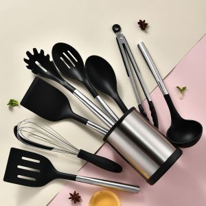 9pcs Silicone Cooking Kitchen Utensils Set Nonstick Cookware with Stainless