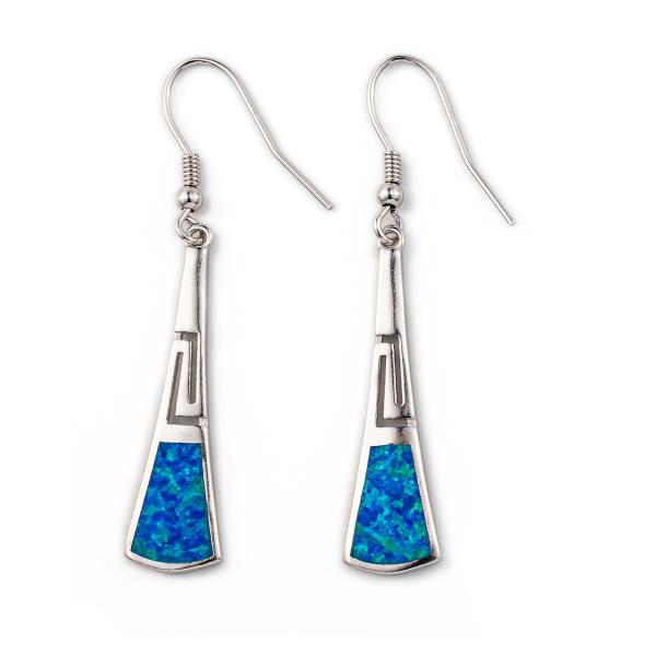 925 With Sterling Silver Blue Retro Opal Greek Meander Key Earrings 925 With