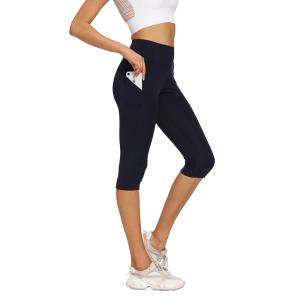 China Navy Blue Yoga Pants Short Length Gym Leggings For Women With Pockets factory