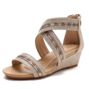 China BS054 Wedge Heel Sandals Women Summer Non-Slip Word With Open Toe Roman Shoes Rear Zipper 39-42 Large Size Women'S Shoes factory