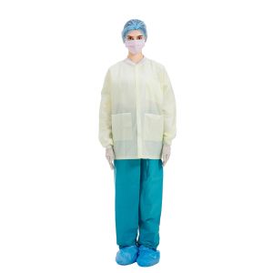 China Hospital Non Woven Disposable Lab Coats With Cuffs And Neckline on sale