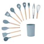 Wooden Handle Kitchen Utensil Set with Holder Box and Non Stick Silicone Cooking