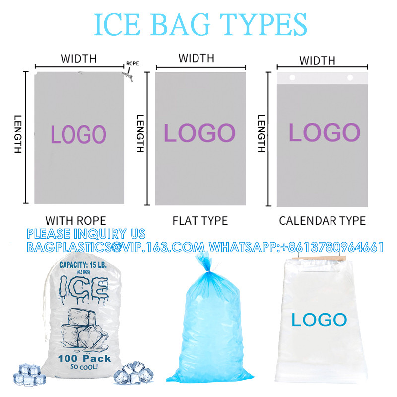 Reusable Ice Pattern Design Printing 2mil Thickness Heavy-Duty Plastic Ice Cube Storage Bags With Cotton Drawstring