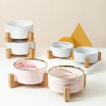 Eco Friendly Marble Ceramic Raised Dog Bowls With Wooden Stand