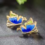 Women Fashion Blue Enamel Sterling Silver Stud Earrings with 18K Gold Plated