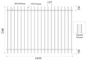 China Square Picket 19mm x 19mm Upright 2100mmx2450mm height 2 rails 40mmSHS powder coated black Garrison Fencing Panels factory
