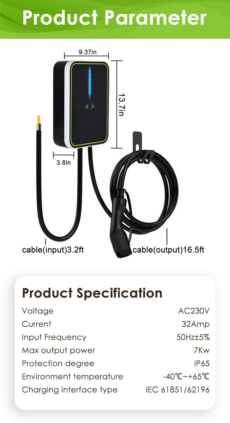 Wifi / RFID / APP optional 5m Cable Wallbox Ev Charger SAE J1772 / IEC62196 Ev Charger Station
