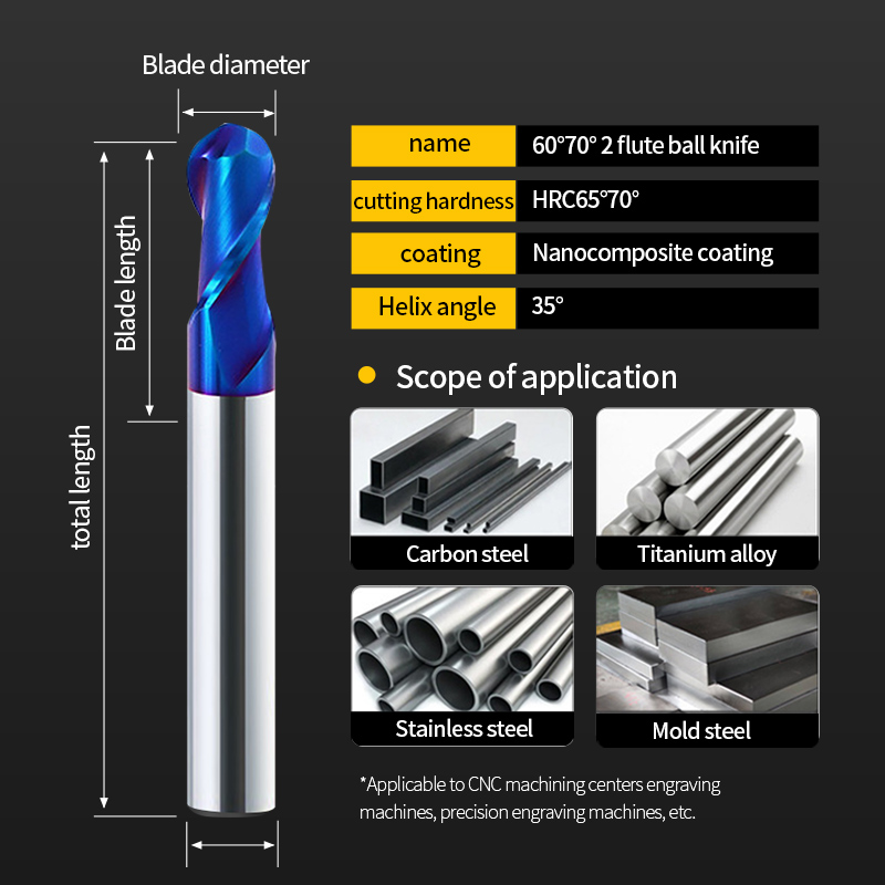 Tungsten Steel HRC60 High Mcd Ball End Mill Double Spiral Groove DLC Coating Ball Head Metal Milling Cutter for CNC Machines