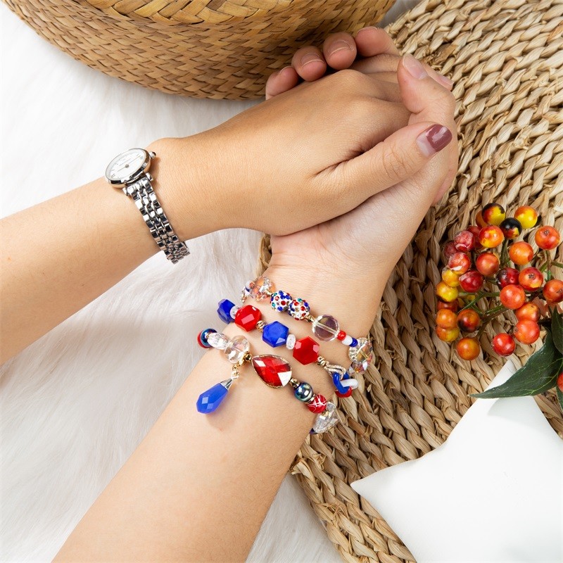 Independence Day Holiday Beads Bracelet Set White Red Blue Color For Girl