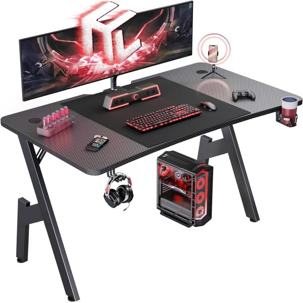 Ergonomically Designed Gaming Desk With 1.2cm Particle Board And Carbon Fiber Covering Featuring Cup And Headset Holders