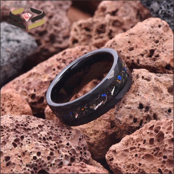China Anniversary Gift Black Hammered Tungsten Ring 8mm With Opal And Meteorite Inlay factory