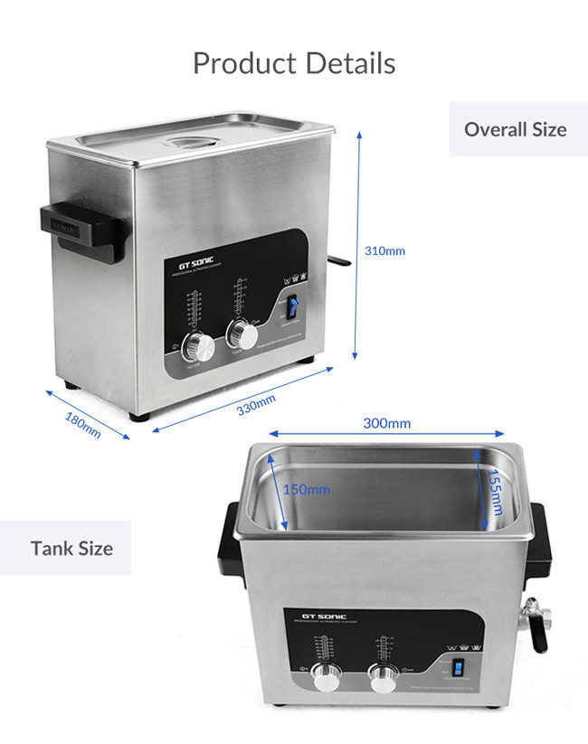 6L 40kHz Laboratory Ultrasonic Cleaner , Temperature Adjustable Sonic Tank 150W 30 Mins