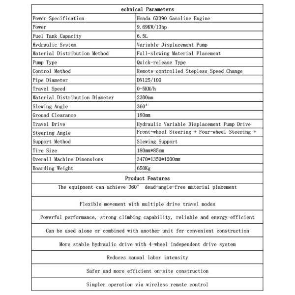 Mobile concrete placing boom，Technical Parameters，Mobile concrete distributing vehicle，Movable concrete boom placement vehicle，Portable concrete