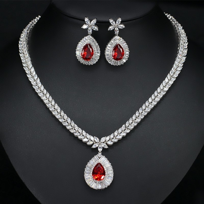 Womens Necklace Earring Wedding Accessories Red Imitation Diamond Bridal Necklace High Quality Cz Necklace Jewelry S