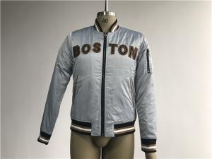 China Bluish Grey Mens Polyester Bomber Jacket With Black And Tan Terry Toweling Applique factory